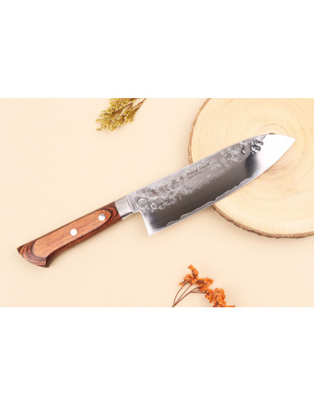 Coltello santoku giapponese 17 cm Satake Brown Pakkawood AUS-8 San Maï Nashiji