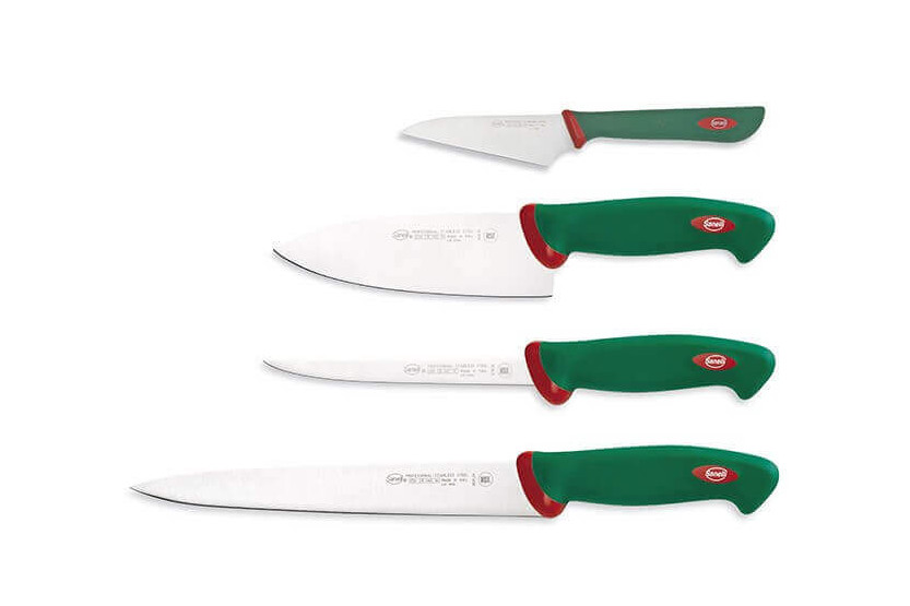 Sett med 4 SANELLI profesjonelle sushi- og fiskekniver, grønne håndtak