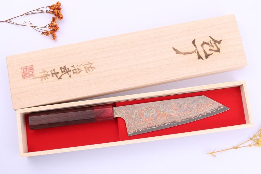 Couteau bunka 16cm Japonees ambachtelijk Takeshi Saji VG10 Regenboog Nashiji