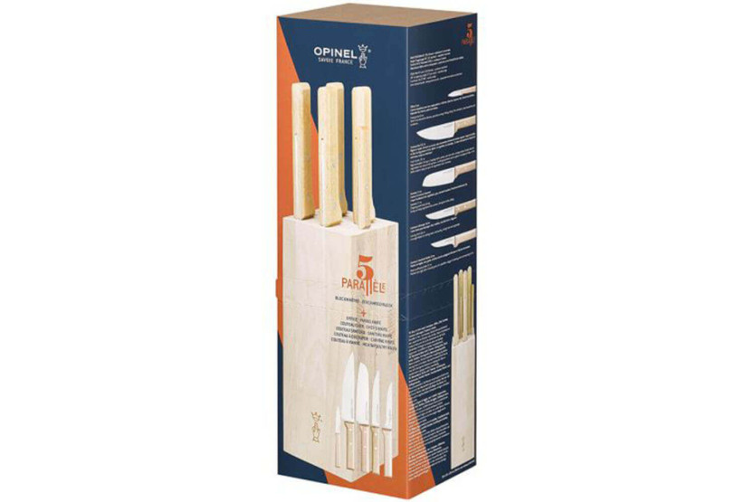 Bloque de madera de haya de 5 cuchillos de cocina Opinel Parallèle especiales para carne