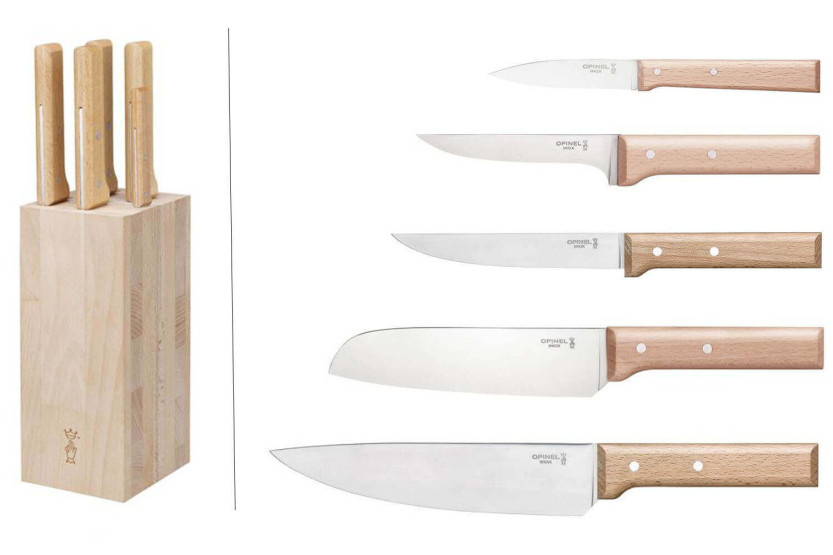 Block i bokträ med 5 Opinel Parallèle köttknivar