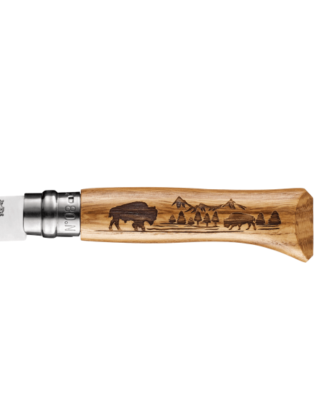 Opinel Tradition foldekniv Animalia Bison Engravings n°08 8,5 cm klinge egetræshåndtag