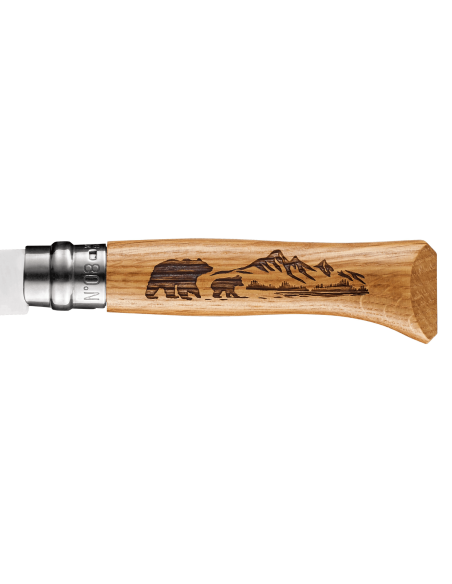 Opinel Tradition coltello pieghevole Animalia Engravings n°08 lama 8,5cm manico in quercia design orso
