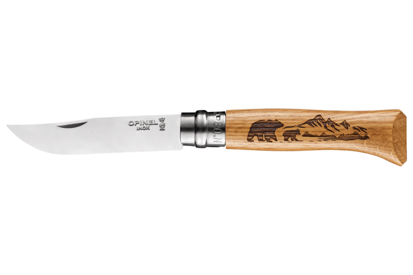 Faca dobrável Opinel Tradition Animalia Engravings n°08 8,5cm lâmina cabo em carvalho design urso