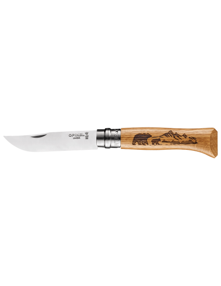 Opinel Tradition foldekniv Animalia Engravings n°08 8,5 cm klinge egetræshåndtag bjørnedesign