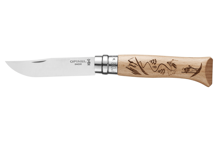 Coltello pieghevole Opinel Tradition Incisioni sciistiche n°08 Lama da 8,5 cm Manico in faggio
