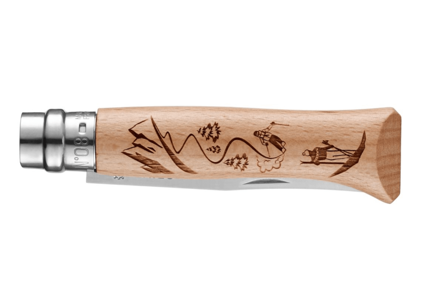 Coltello pieghevole Opinel Tradition Incisioni sciistiche n°08 Lama da 8,5 cm Manico in faggio
