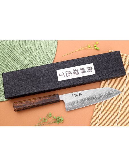 Faca japonesa santoku 440C Tsuchime Damascus Yuzo 16,5cm
