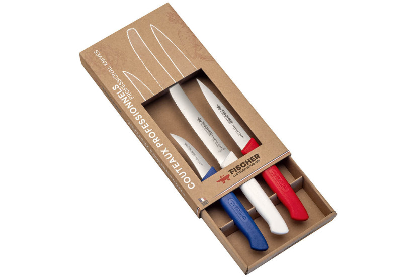 Set of 3 Fischer Creative Chef professional knives Blue White Red