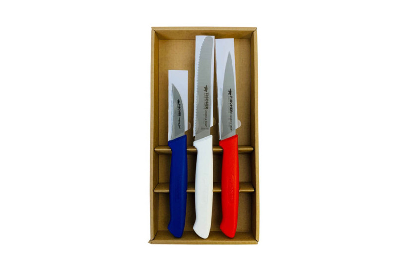 Set om 3 Fischer Creative Chef professionella knivar Blå Vit Röd