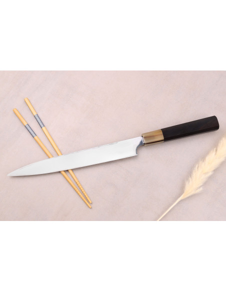 24 cm Hatsukokoro Yauji Yoshihiro Damaskus BS2 japansk håndlavet yanagibakniv