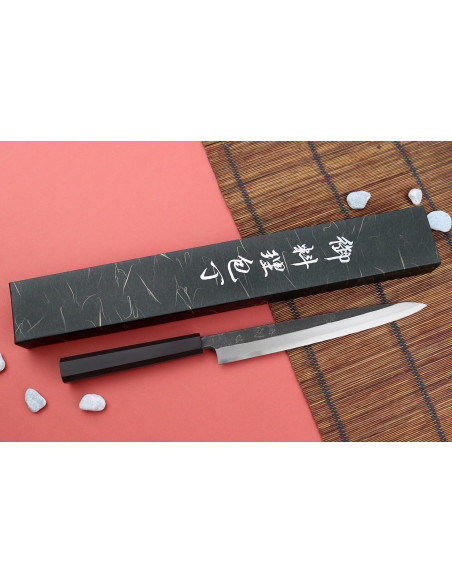 Hatsukokoro Shirasagi 24 cm Coltello giapponese artigianale yanagiba con manico in ebano