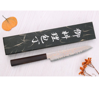 Hatsukokoro Hayabusa Rainbow Damascus 15cm Cuchillo multiusos artesanal japonés 2