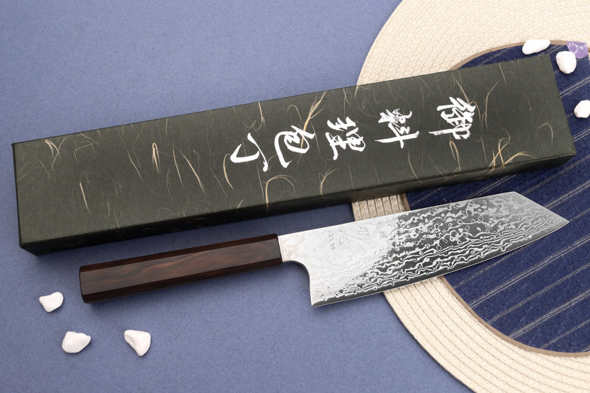 16,5cm Hatsukokoro Ginga ATS-34 Damasco cuchillo bunka, ébano, artesanía japonesa