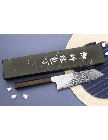 16,5 cm Hatsukokoro Ginga ATS-34 Ebony Damaskus bunka-kniv, japansk håndlaget