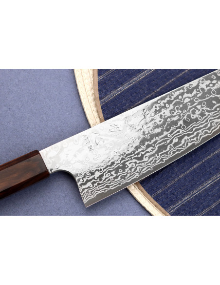 16.5cm Hatsukokoro Ginga ATS-34 Ebbenhout Damascus bunka mes, Japans handgemaakt