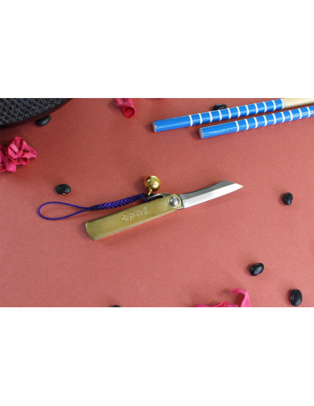 Higonokami Kanetsune zakmes 4cm SK-5 stalen lemmet messing handvat + bel