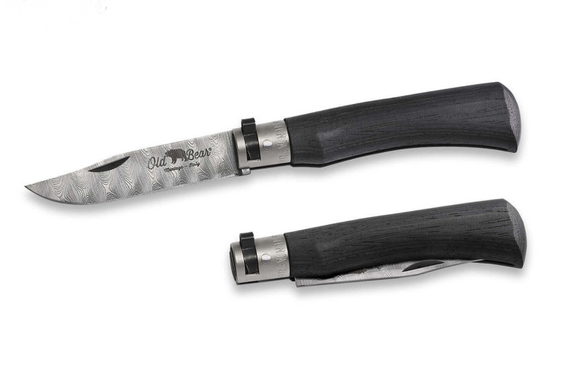 Lâmina de aço inoxidável Old Bear damascus M 8cm madeira de ayous laminada com virola
