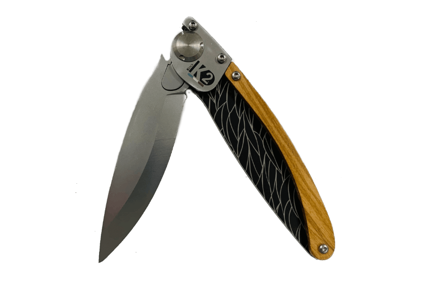 K2 foldekniv Håndtag i oliventræ og stål Fjerdesign 11,5 cm