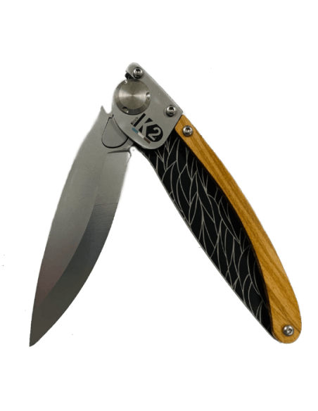 K2 folding knife Olive wood and steel handle Feather design 11.5cm