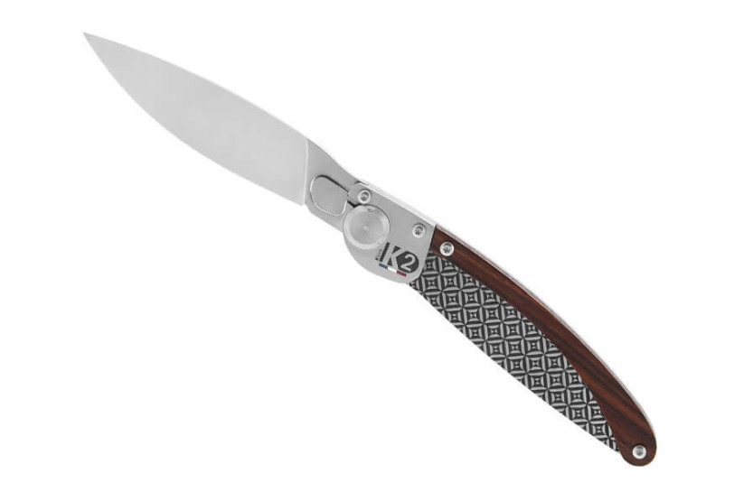 K2.10M navaja plegable con mango de madera violeta y acero, diseño caleidoscopio 11.5cm