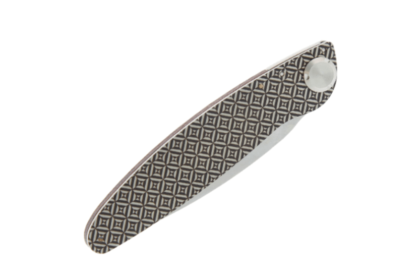 K2.10M coltello pieghevole con manico in legno viola e acciaio, design caleidoscopio 11,5 cm