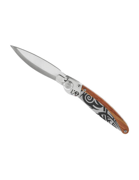 Faca dobrável K2.05M com cabo em sândalo e aço, design tribal 11,5 cm