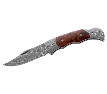 Herbertz 201408 cuchillo plegable hoja de Damasco mango de madera de burl 8cm