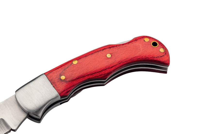 Herbertz 593808 foldekniv med håndtak i rødt pakkawood og 8 cm lange messingnagler