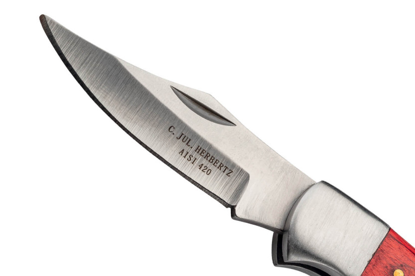Herbertz 593808 fällkniv med handtag i rött pakkawood och 8 cm mässingsnitar