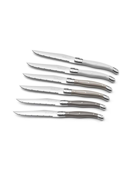 Set in scatola di 6 coltelli da bistecca seghettati Lou Laguiole Tradition con manici di 3 colori