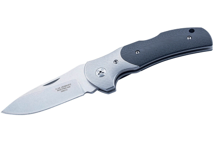 Herbertz taittoveitsi 598312 11.5cm G10 kuvioitu kahva ruostumattomasta teräksestä valmistetulla bolsterilla.
