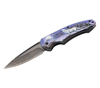 Herbertz 587712 navaja plegable con mango de aluminio, 11,5cm decoración motivo lobo 3D