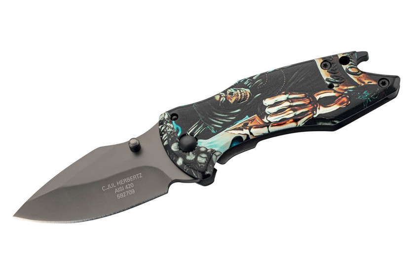 Herbertz 592709 coltello pieghevole "Grim Reaper" in acciaio inox 9 cm + apribottiglie