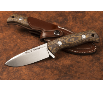 Muela Tuareg 10G 9334 veitsi 10cm terä ruskea ja sinapinvärinen micarta juuttikahva + nahkatuppi 2