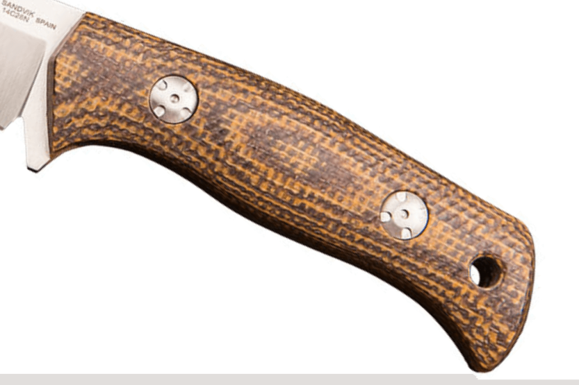 Muela Tuareg 10G 9334 mes 10cm lemmet bruin en mosterd micarta jute handvat + lederen schede