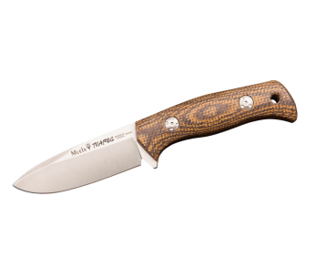 Muela Tuareg 10G 9334 veitsi 10cm terä ruskea ja sinapinvärinen micarta juuttikahva + nahkatuppi