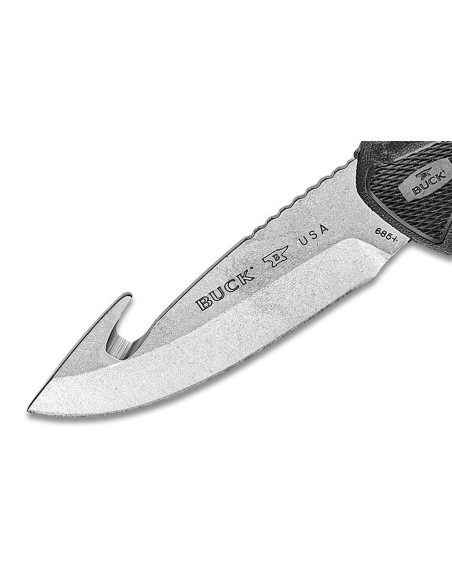 Faca Buck 685 Bucklite Max II Large Guthook 0685BKG Lâmina de 10,2 cm cabo de borracha preta + bainha de poliéster