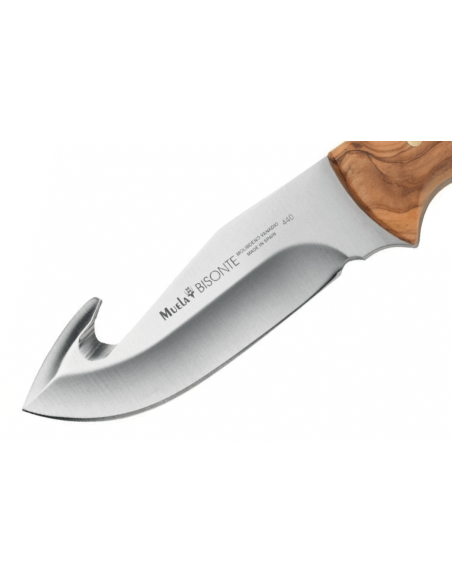 Muela Bisonte 9224 kniv 11,5 cm blad oliventræhåndtag + læderskede