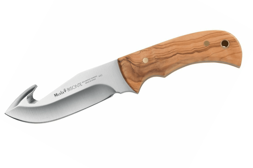 Muela Bisonte 9224 kniv 11,5 cm blad oliventrehåndtak + skinnslire