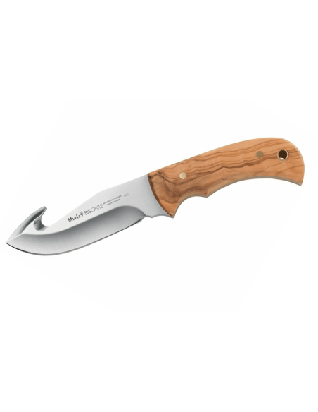 Muela Bisonte 9224 kniv 11,5 cm blad oliventræhåndtag + læderskede