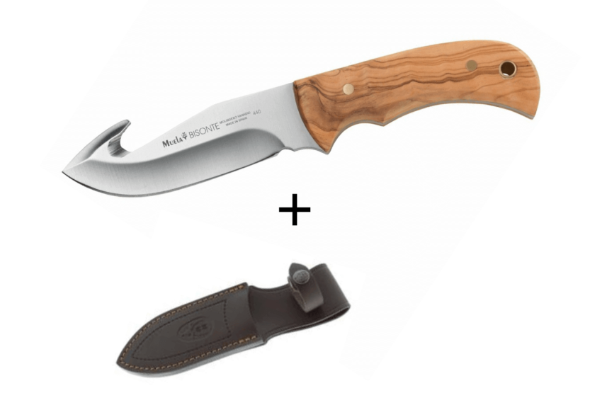 Cuchillo Muela Bisonte 9224 hoja 11.5cm mango de madera de olivo + funda de cuero
