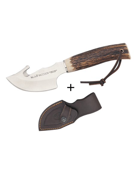 Muela Raccoon 9232 Messer mit 8cm Klinge aus rostfreiem Edelstahl, Griff aus Hirschgeweih + Lederetui