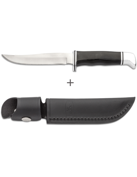 Buck mes 105 Pathfinder 0105BKS lemmet 12,7cm zwart/alu fenolhars handvat + leren schede