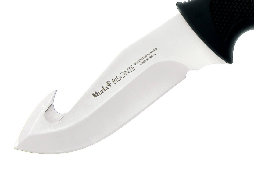 Muela Bisonte 9305 kniv 11cm blad svart gummihandtag + läderslida