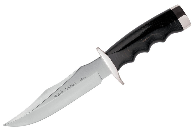 Muela Bufalo Knife 9257 17cm blade black micarta handle with brass tips + leather sheath