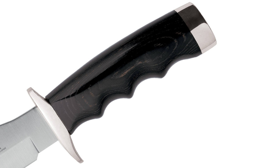 Cuchillo Muela Bufalo 9257 17cm hoja mango micarta negra con puntas latón + funda cuero