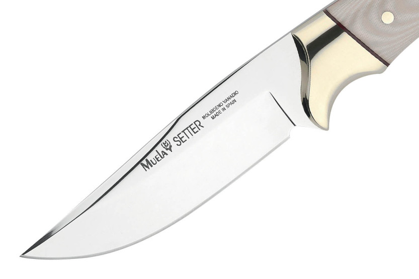 Muela Setter 9265 kniv 11 cm stålblad hvidt micartahåndtag + læderskede
