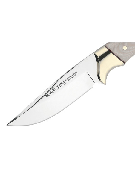 Muela Setter 9265 kniv 11 cm stålblad hvitt micartahåndtak + skinnslire