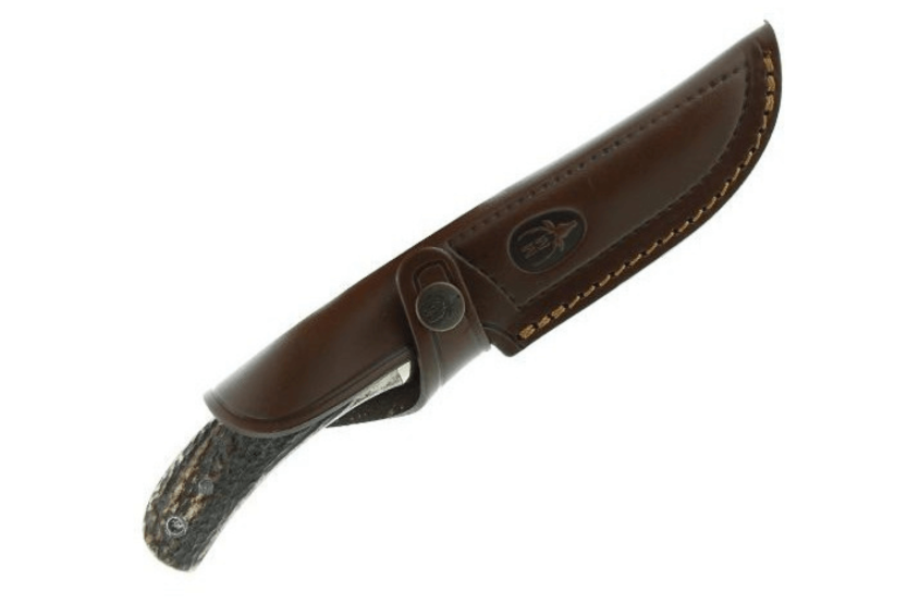 Muela Setter 9266 Messer mit 11cm Klinge aus rostfreiem Edelstahl, Griff aus Hirschgeweih + Lederetui